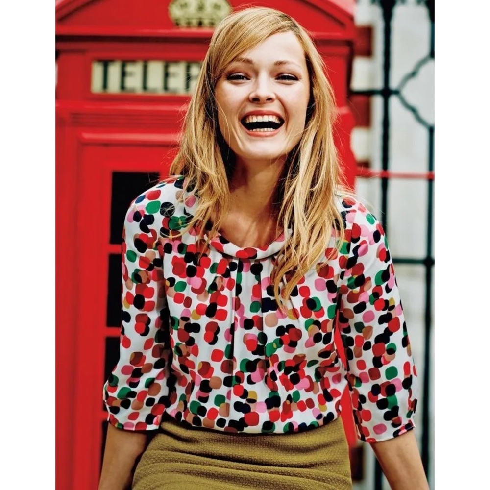 BODEN Collared Bella Viscose Silk Top Shirt Polka Dot 3/4 Sleeve Blouse